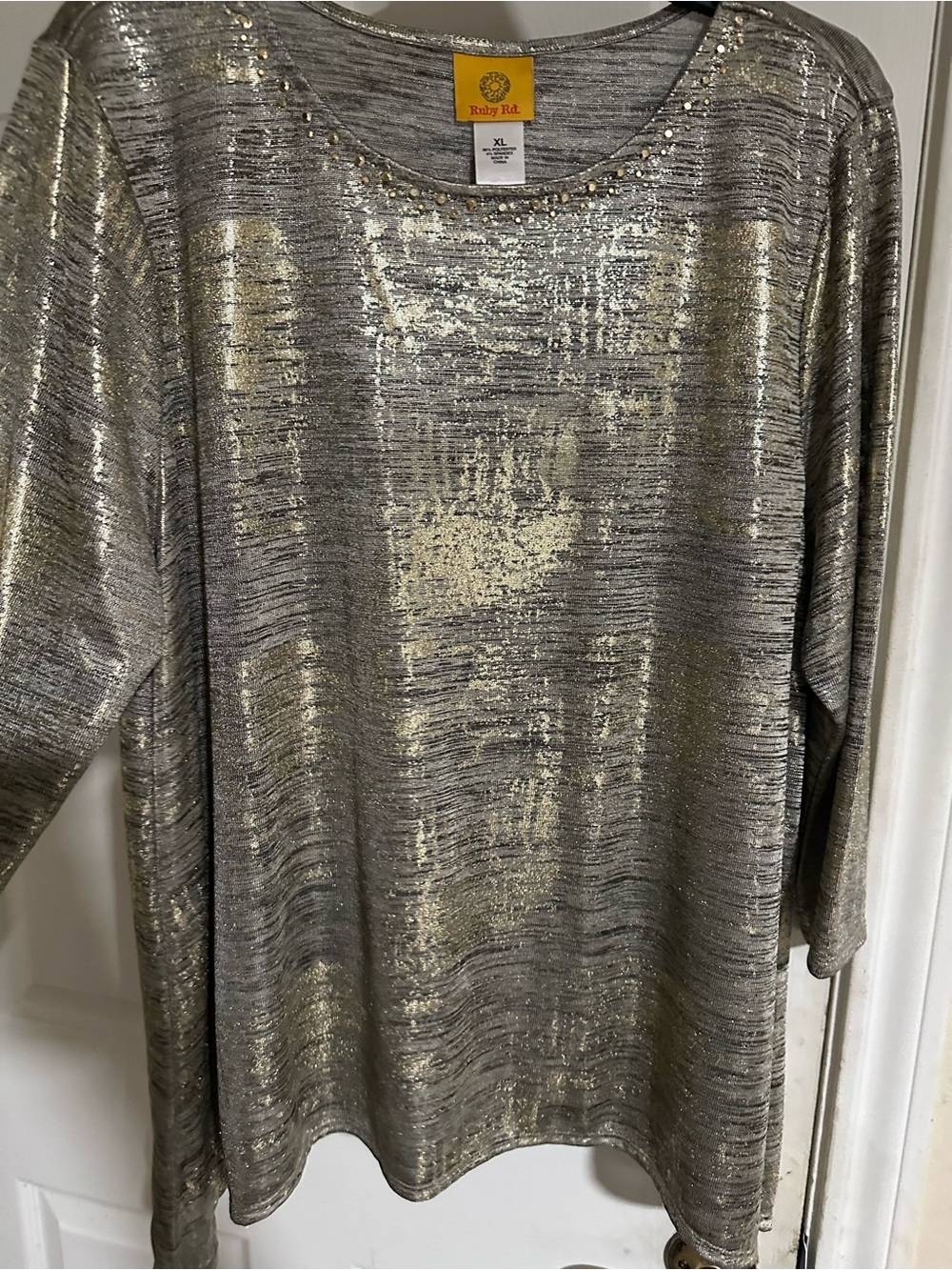 Ruby Rd. Silver Metallic Knit Top with Rhinestone Accent